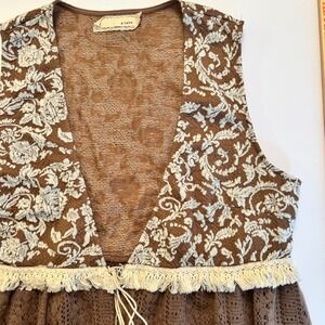 Anthropologie A'reve brown floral lace crochet fringe vest kimono womens medium